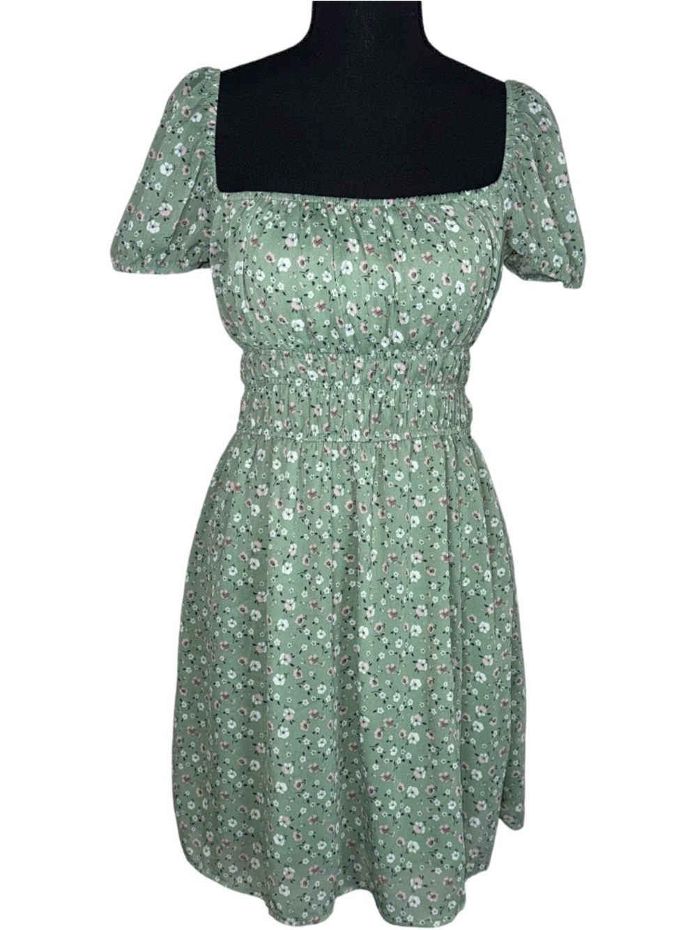 Green Floral Cottagecore Dress Romantic Puff Sleeve Mini Smocked Sz L Feminine